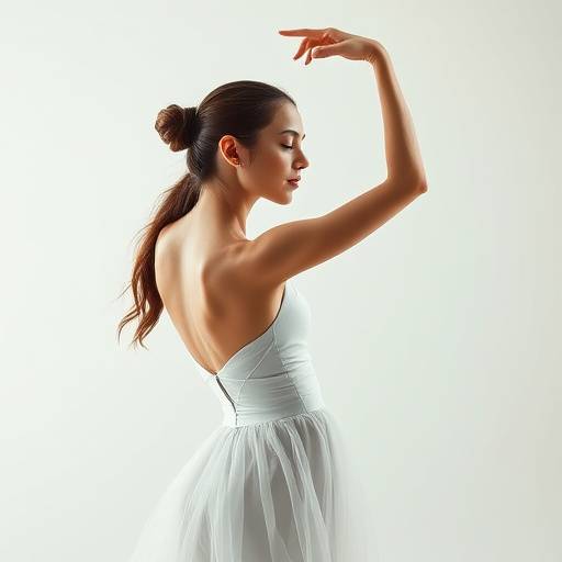 Portret van een danseres in een sierlijke, zwevende pose, vastgelegd in de studio