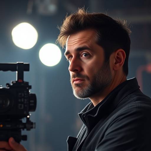 Portret van een filmregisseur die op de set staat, bezig met de opname
