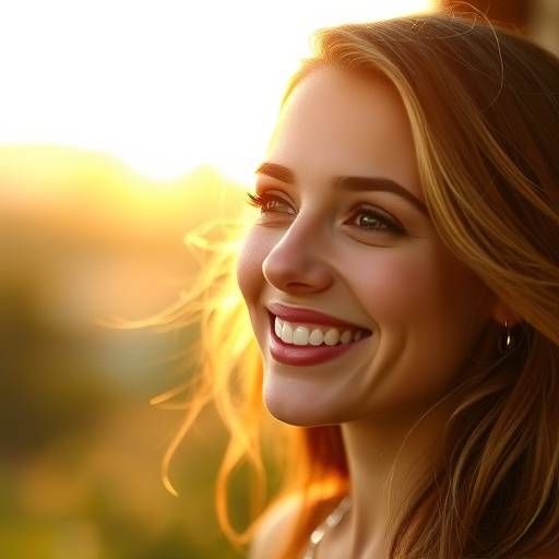 Portret van een lachende actrice in de late namiddagzon