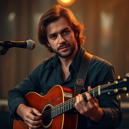 Portret van een muzikant met een vintage gitaar in een sfeervolle omgeving