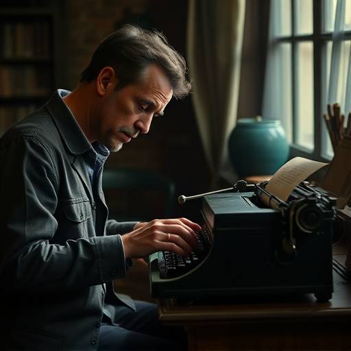 Portret van een schrijver die diep verzonken is achter een oude typemachine